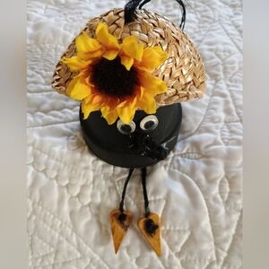 Vtg 90s Handmade Hanging Crow W/Straw Hat, Sunflower & Googly Eyes
